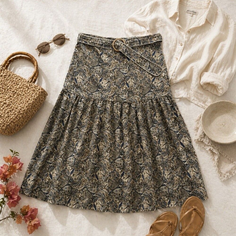 Tiered Maxi Skirt Linen Blend Paisley Boho Elastic Waist Belted Resort L